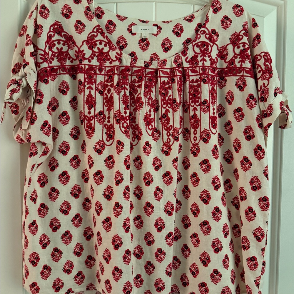 Elegant Red and Cream Floral Blouse